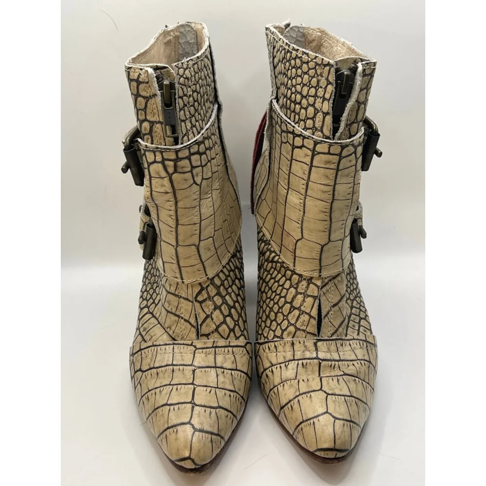 Firebird Croc Embossed Leather Ankle Boots Womens 8 Western Buckle Heels
